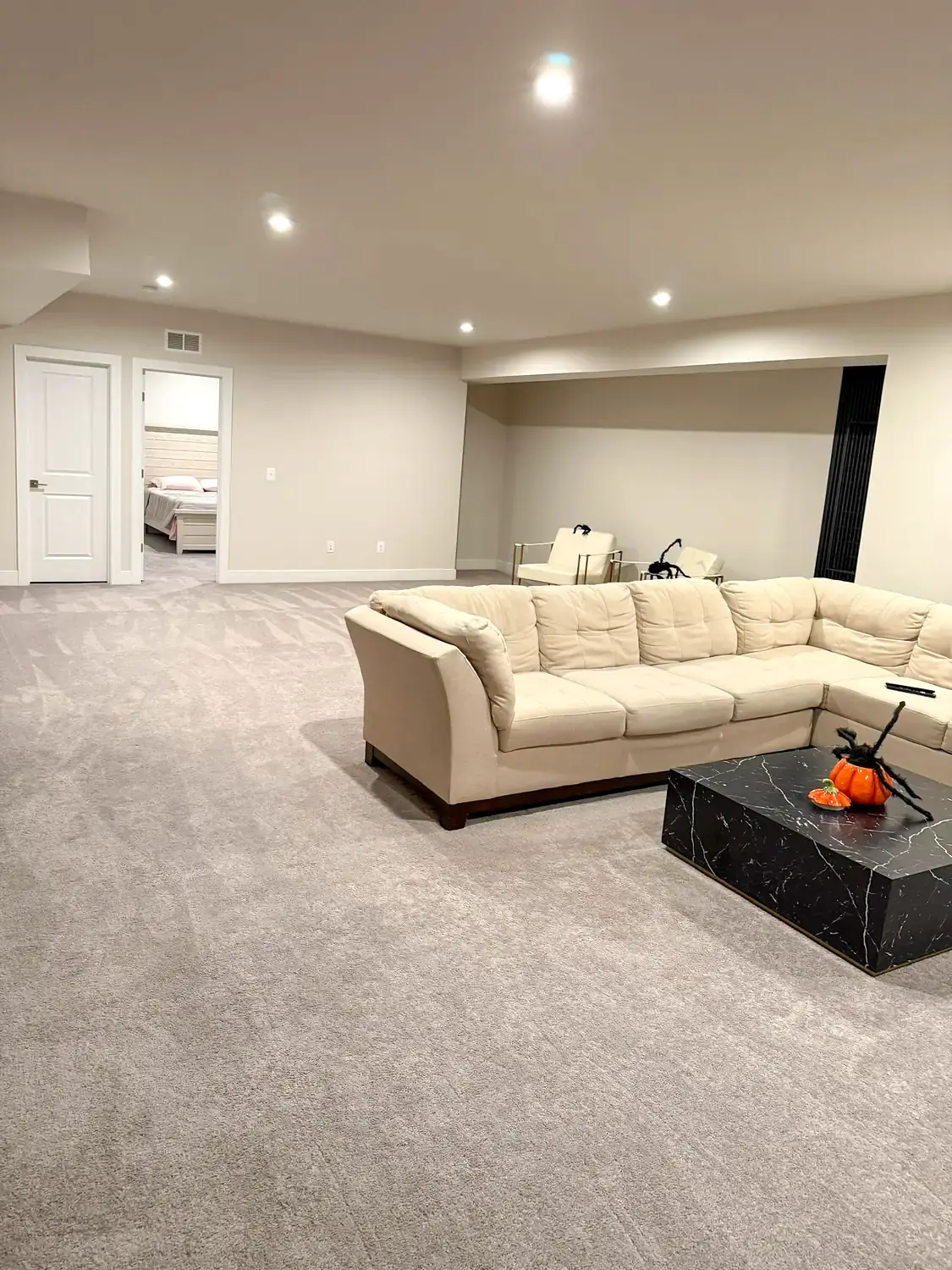 Finished basement living and guest space, basement finishing project in Northern Virginia by HOM Design & Build, view 1
