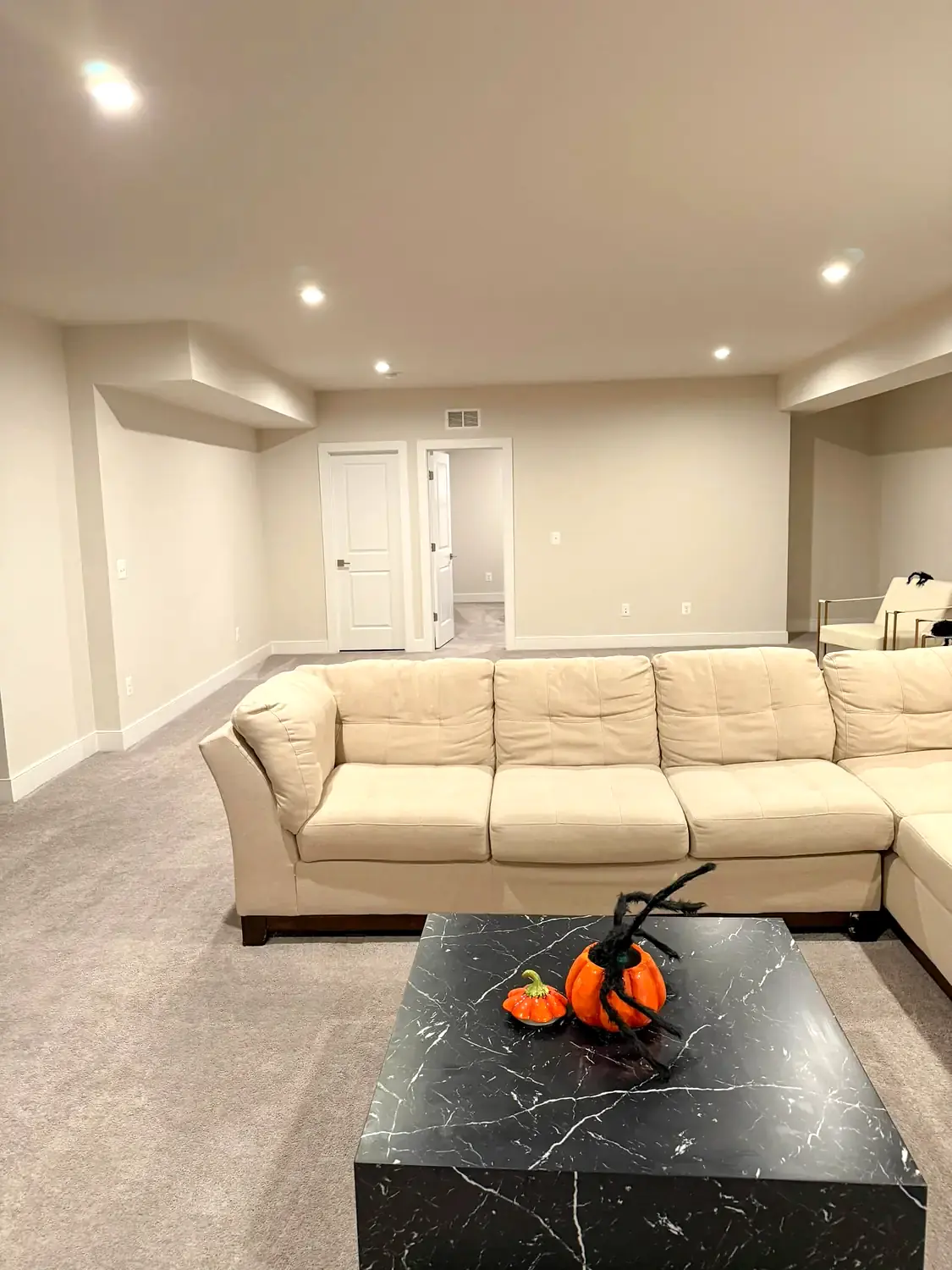 Finished basement living and guest space, basement finishing project in Northern Virginia by HOM Design & Build, view 2