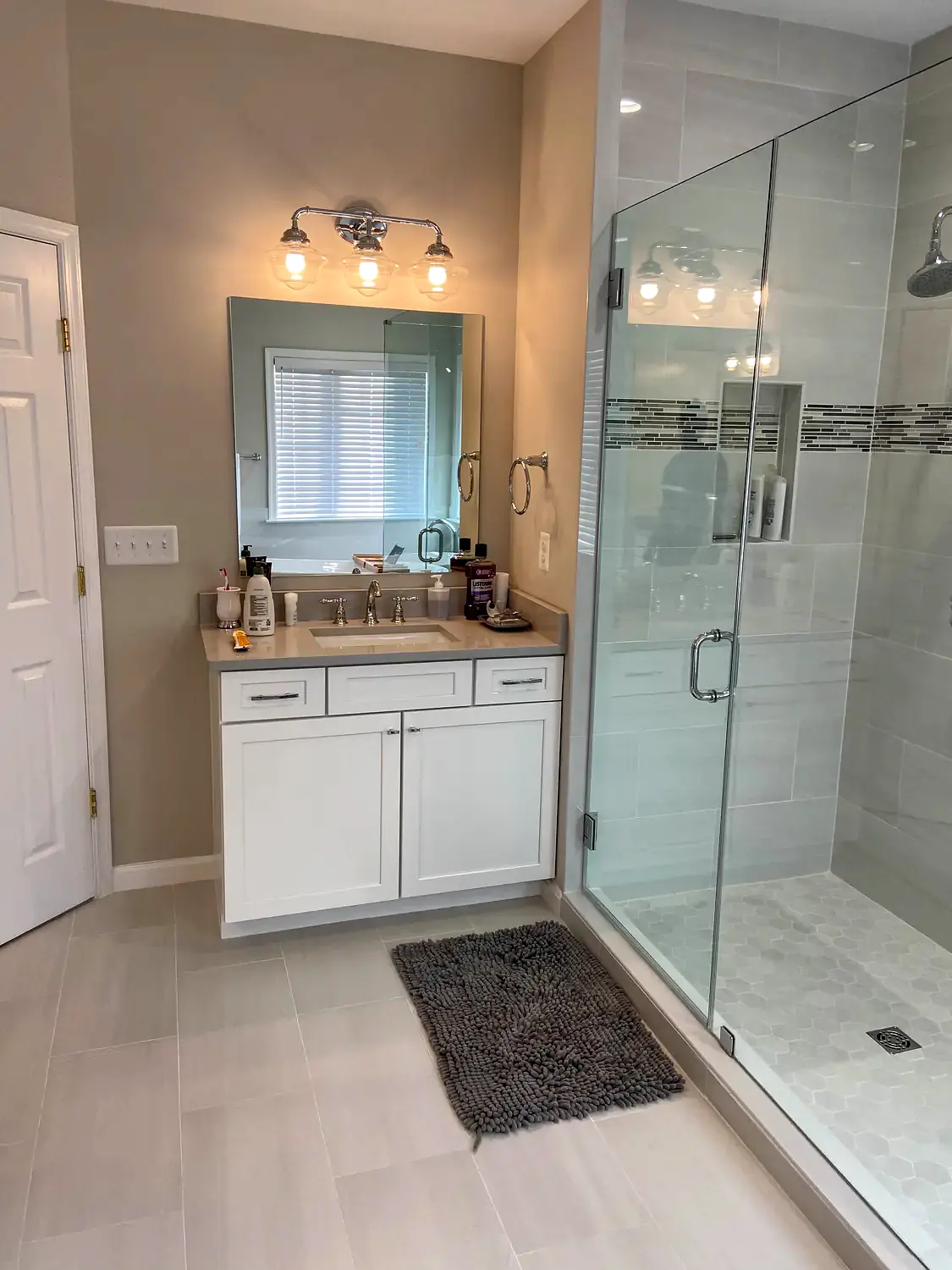 Double-vanity shower suite, bathroom remodeling project in Northern Virginia by HOM Design & Build, view 6