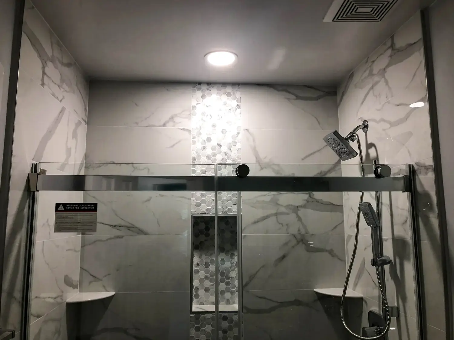 Marble-look walk-in shower, bathroom remodeling project in Northern Virginia by HOM Design & Build, view 3