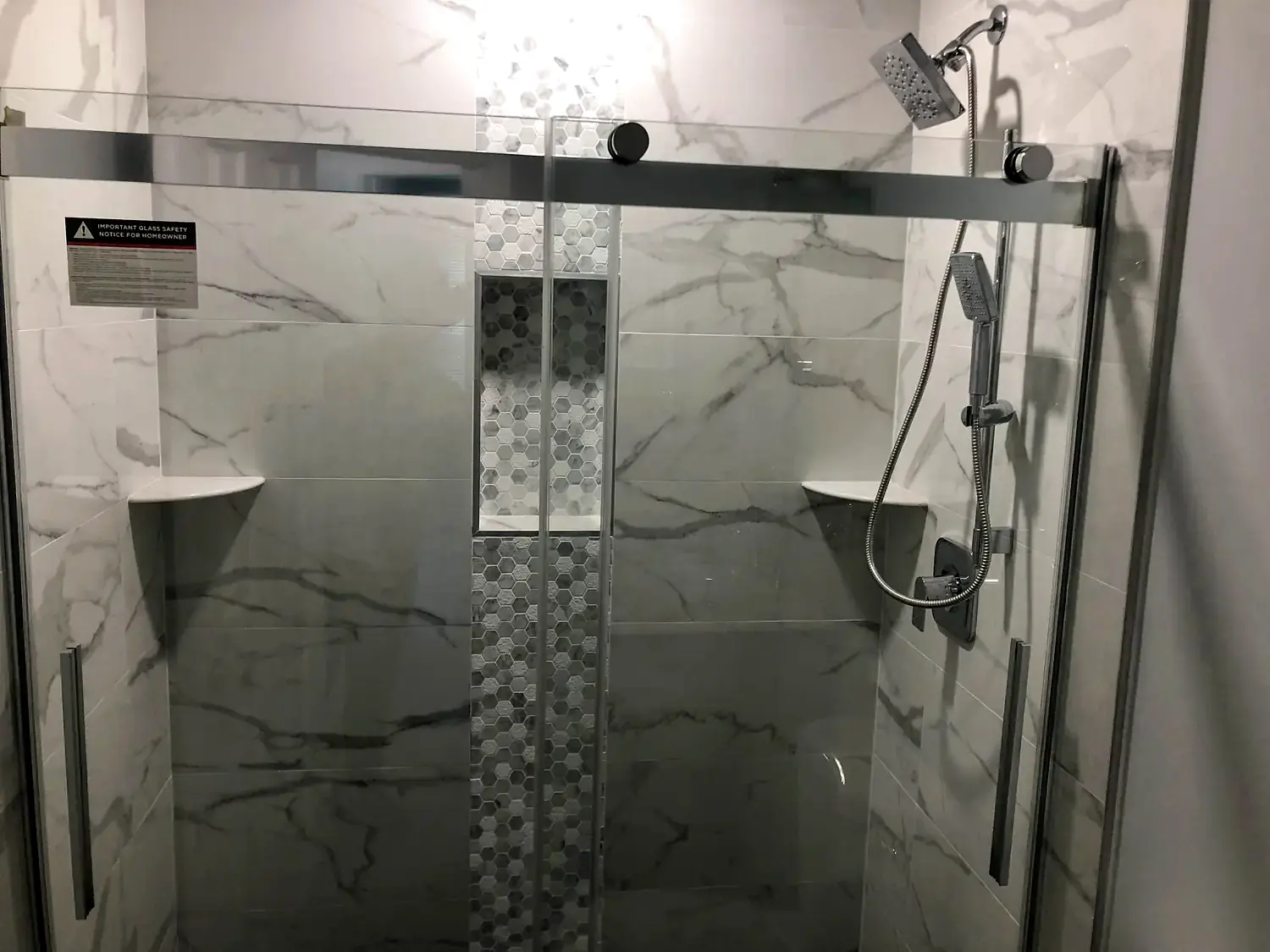 Marble-look walk-in shower, bathroom remodeling project in Northern Virginia by HOM Design & Build, view 4