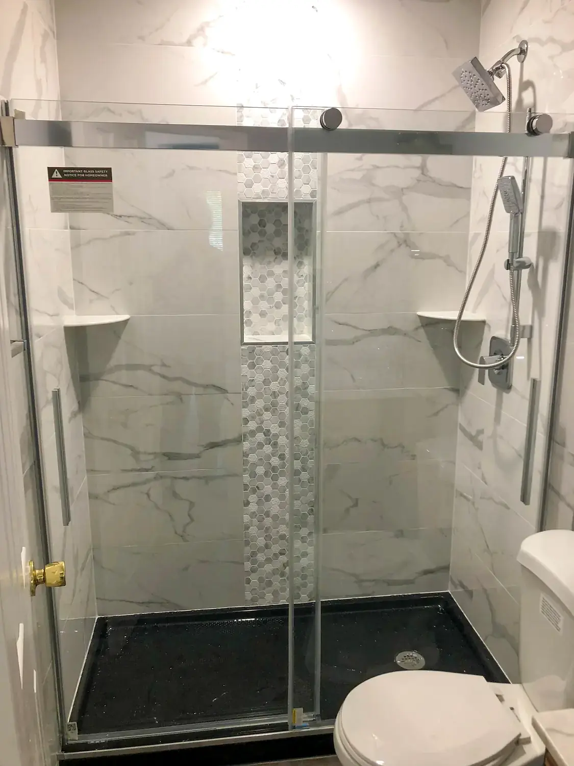Marble-look walk-in shower, bathroom remodeling project in Northern Virginia by HOM Design & Build, view 6
