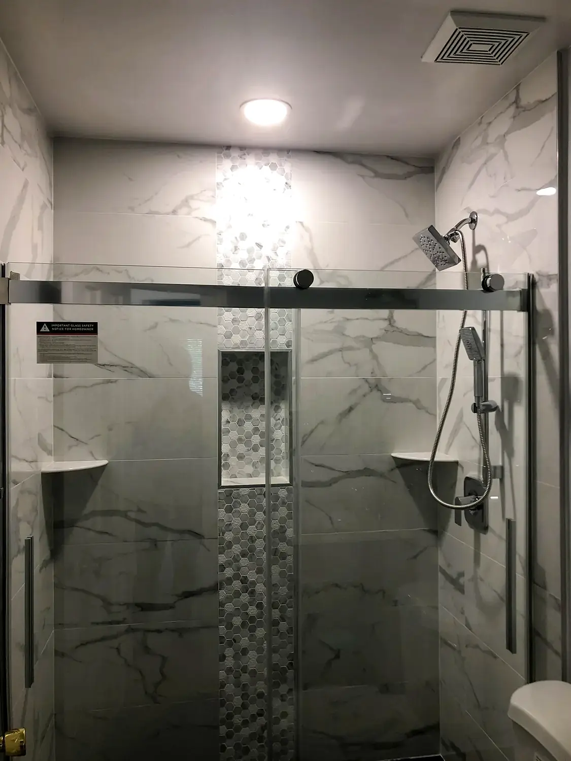Marble-look walk-in shower, bathroom remodeling project in Northern Virginia by HOM Design & Build, view 7
