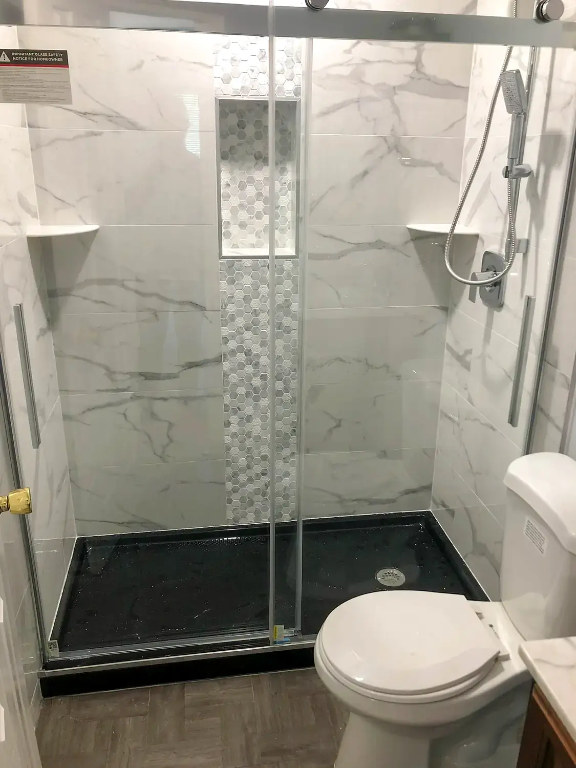 Marble-look walk-in shower, bathroom remodeling project in Northern Virginia by HOM Design & Build, view 8