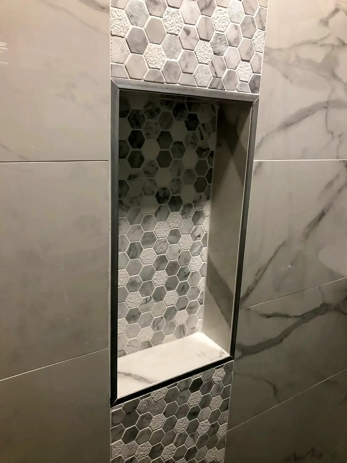 Marble-look walk-in shower, bathroom remodeling project in Northern Virginia by HOM Design & Build, view 17