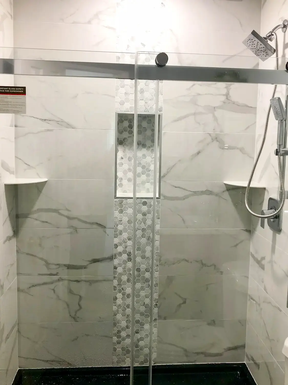 Marble-look walk-in shower, bathroom remodeling project in Northern Virginia by HOM Design & Build, view 21