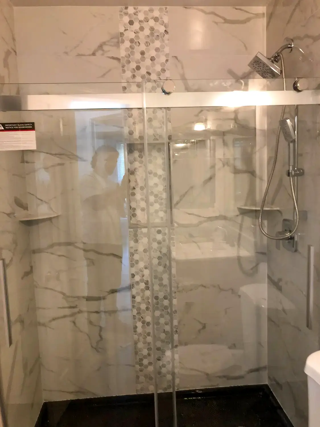 Marble-look walk-in shower, bathroom remodeling project in Northern Virginia by HOM Design & Build, view 22
