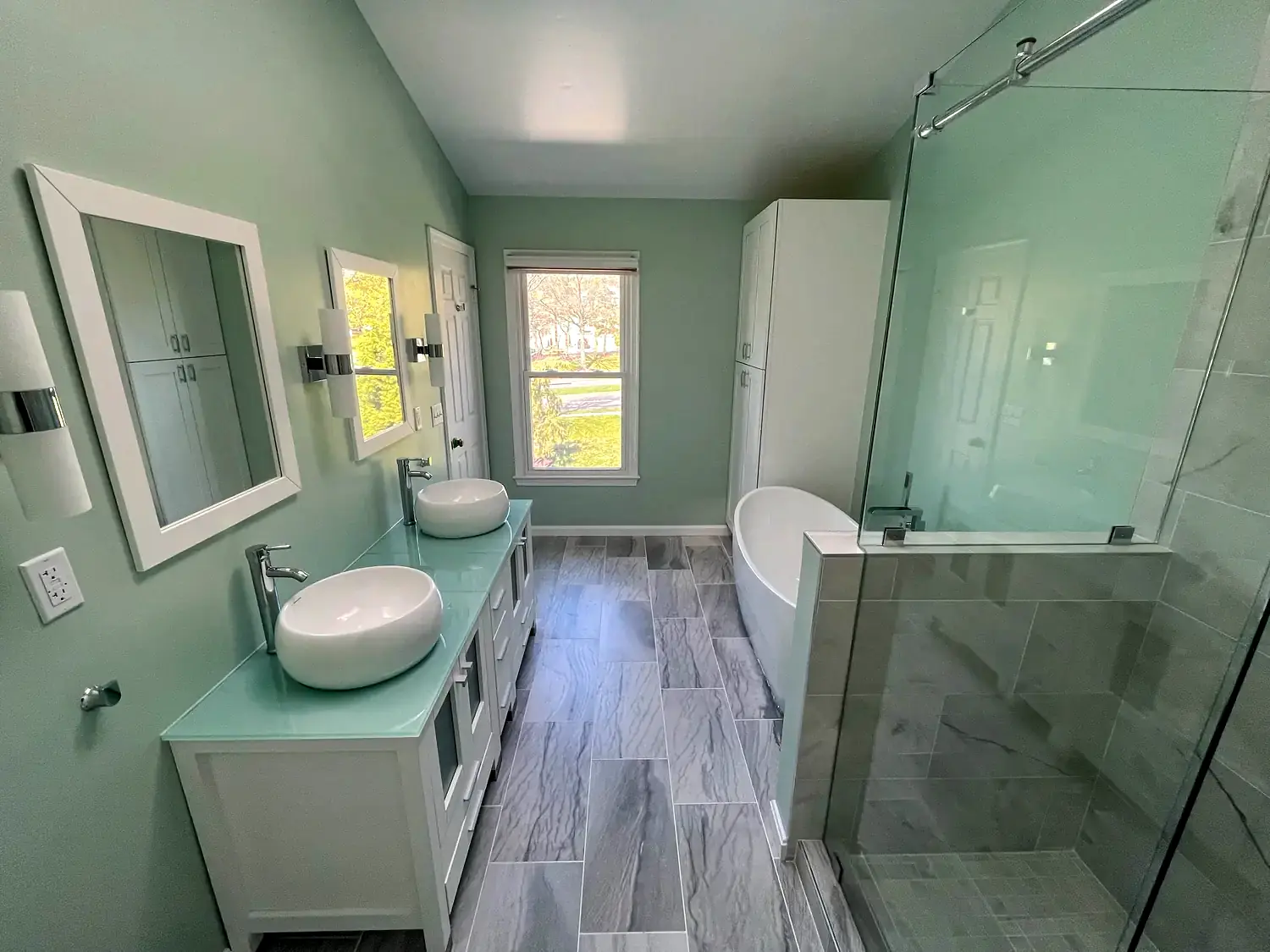 Green primary bathroom, bathroom remodeling project in Northern Virginia by HOM Design & Build, view 2