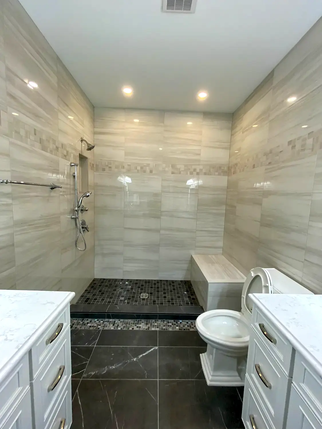 Double-vanity wet-room, bathroom remodeling project in Northern Virginia by HOM Design & Build, view 2