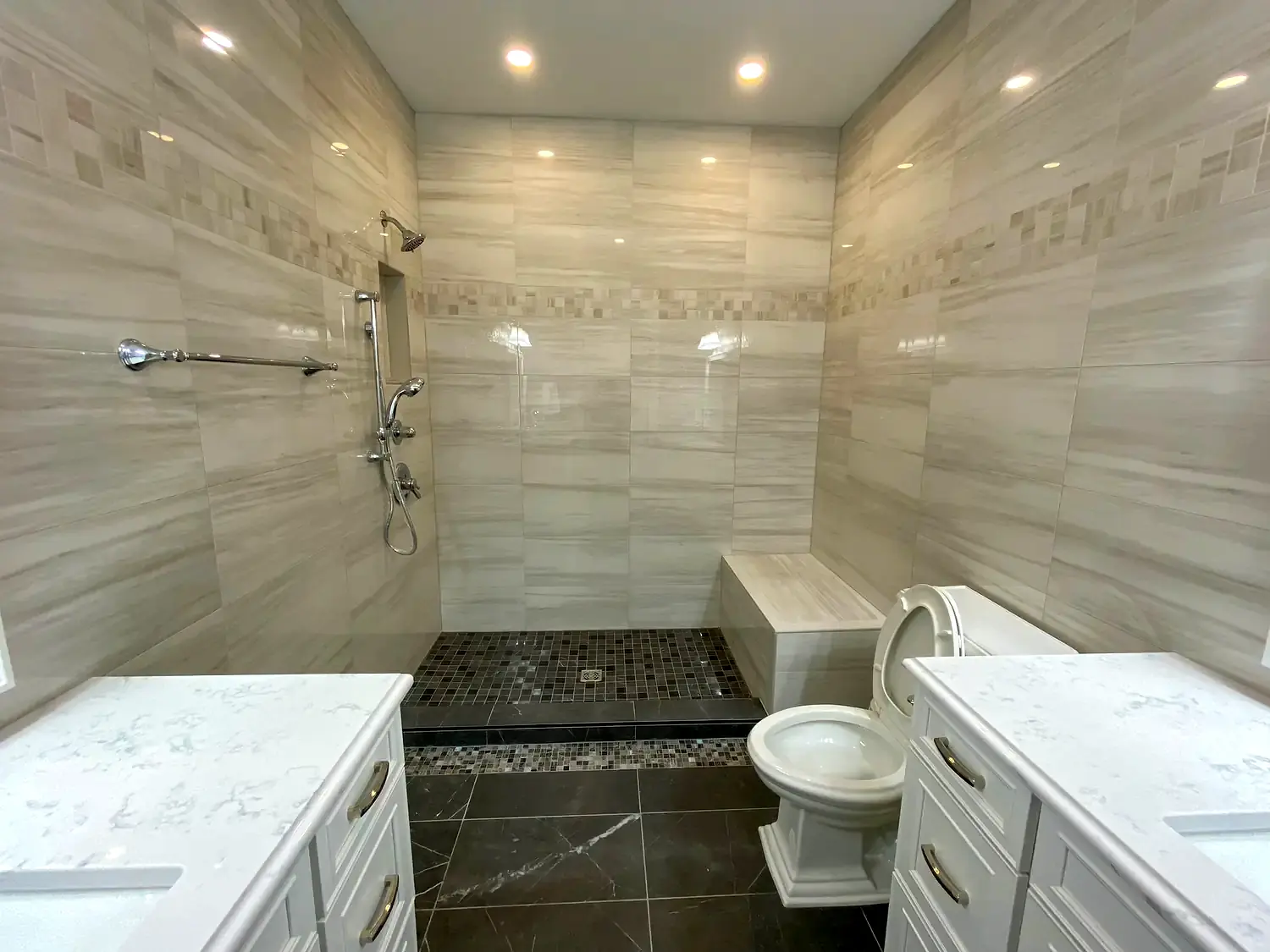 Double-vanity wet-room, bathroom remodeling project in Northern Virginia by HOM Design & Build, view 3