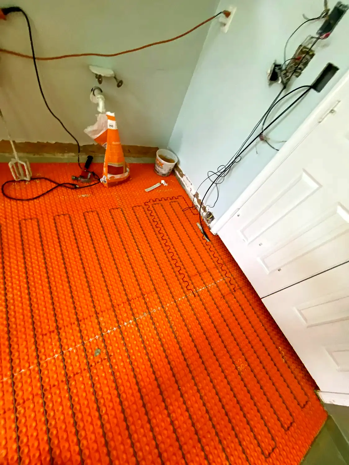 Bathroom tile and radiant-floor sequence, bathroom remodeling project in Northern Virginia by HOM Design & Build, view 7