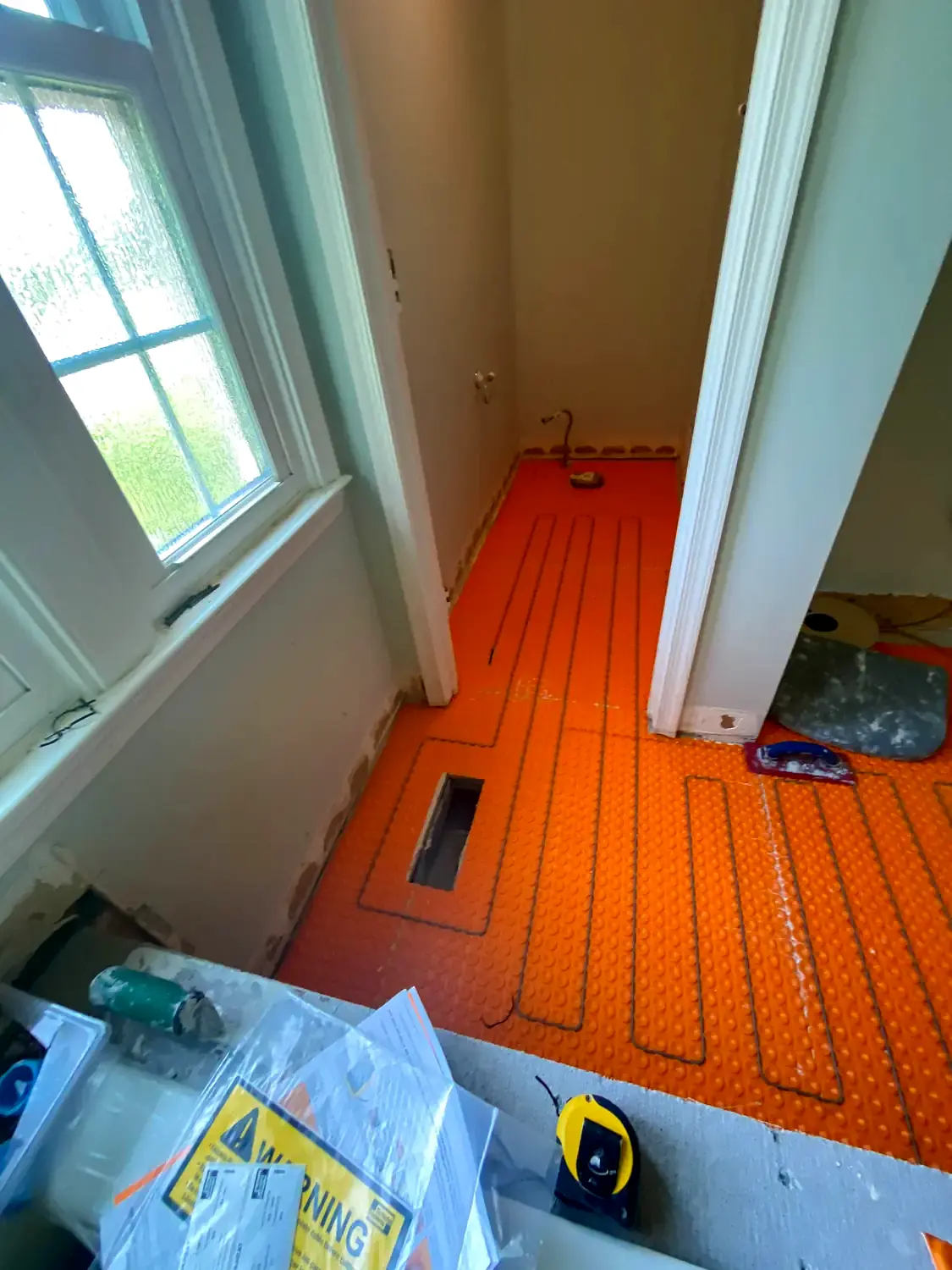 Bathroom tile and radiant-floor sequence, bathroom remodeling project in Northern Virginia by HOM Design & Build, view 8