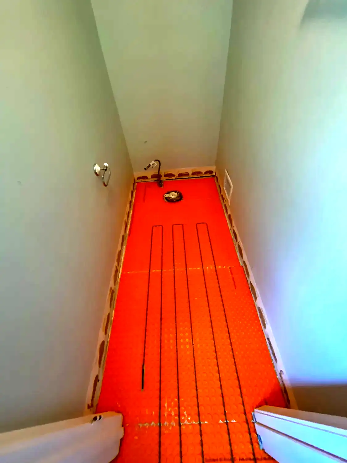 Bathroom tile and radiant-floor sequence, bathroom remodeling project in Northern Virginia by HOM Design & Build, view 9