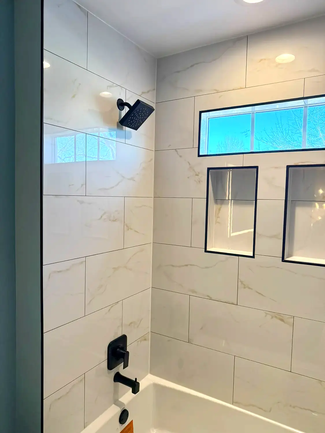 Blue hall bathroom, bathroom remodeling project in Northern Virginia by HOM Design & Build, view 4