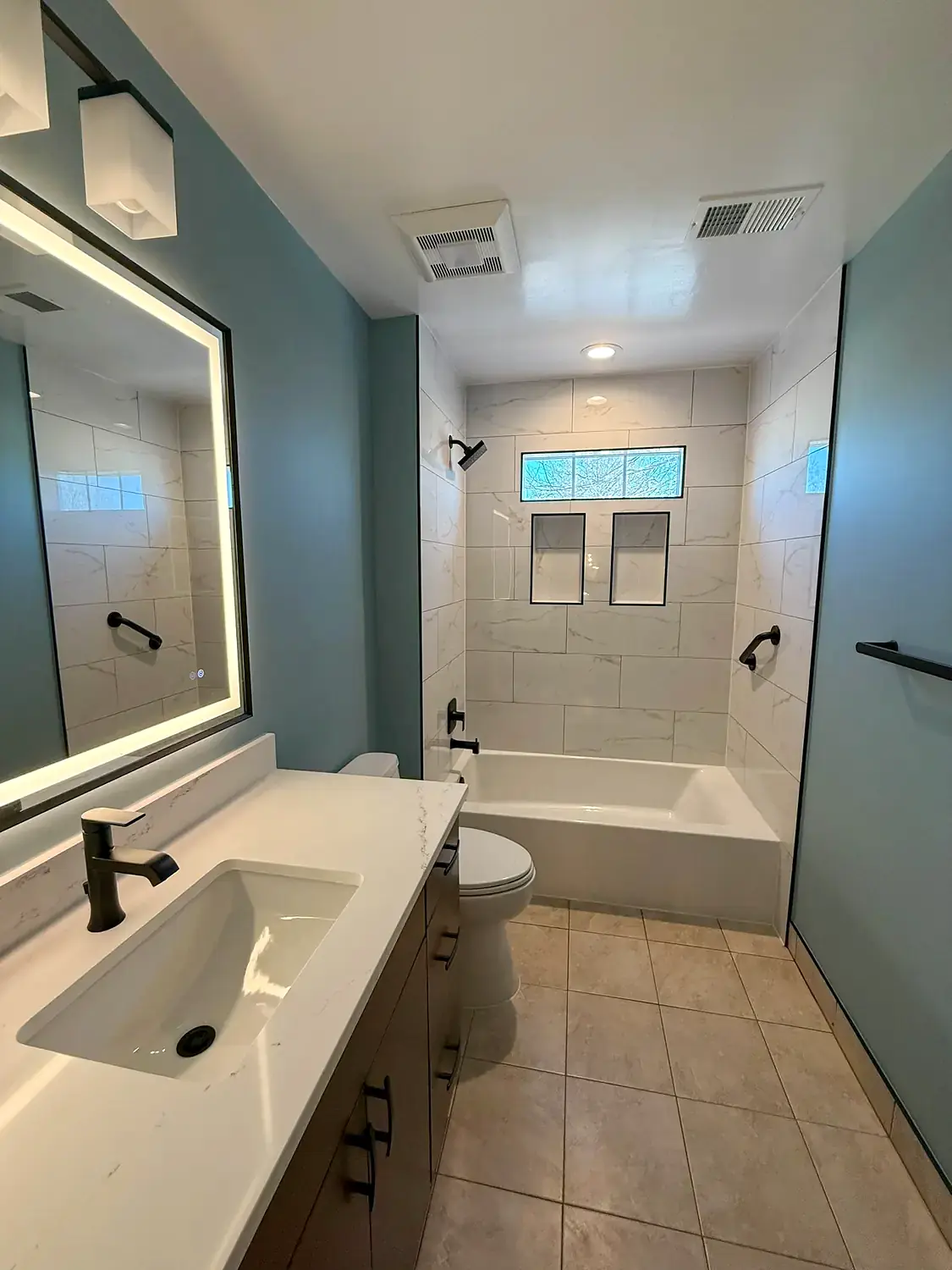 Blue hall bathroom, bathroom remodeling project in Northern Virginia by HOM Design & Build, view 9