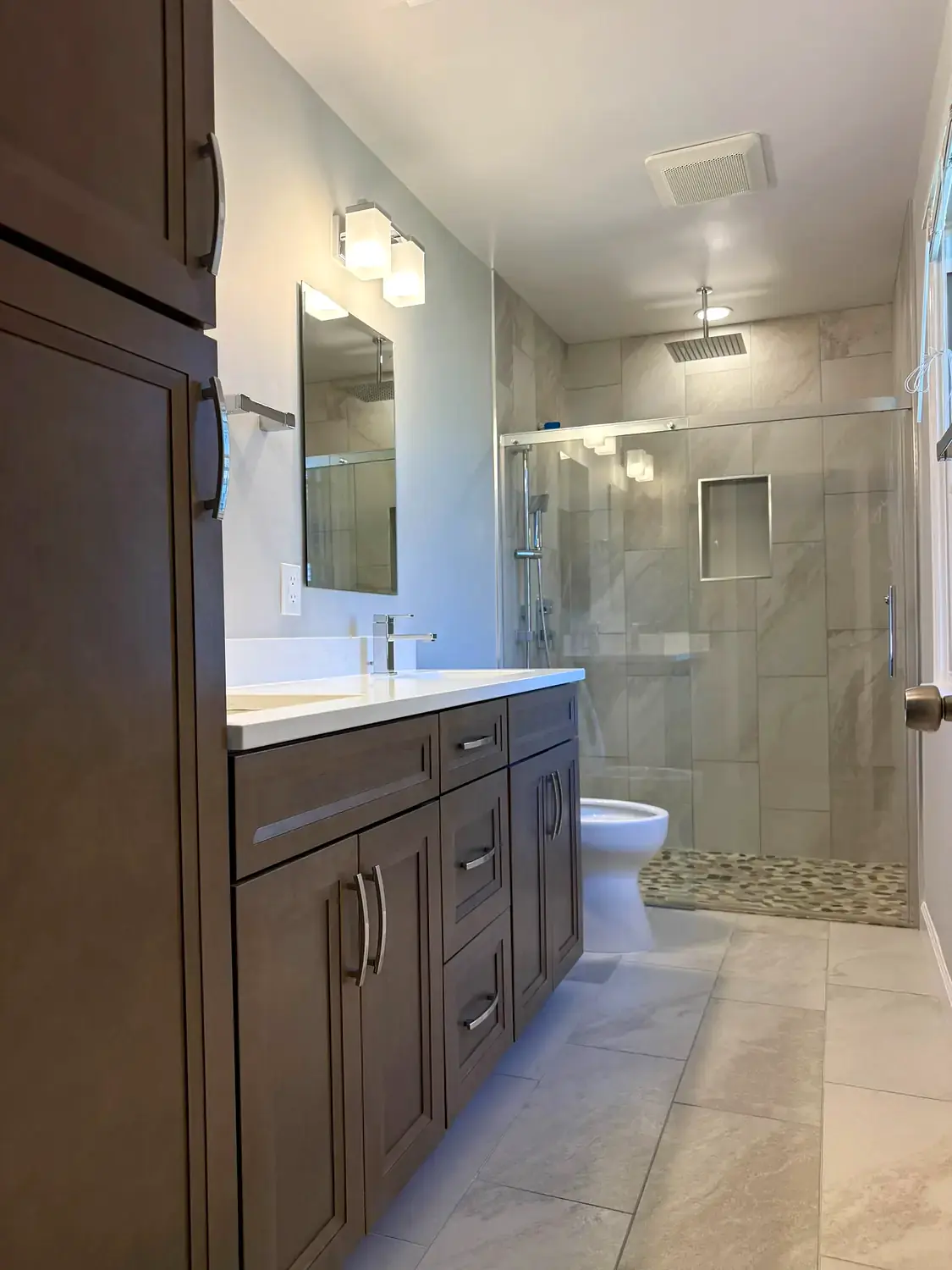 Neutral walk-in shower, bathroom remodeling project in Northern Virginia by HOM Design & Build, view 2