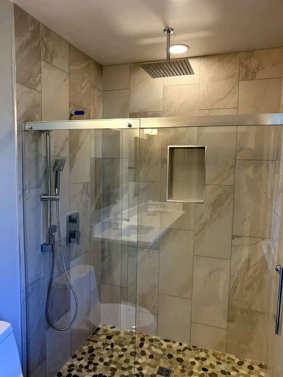 Neutral walk-in shower, bathroom remodeling project in Northern Virginia by HOM Design & Build, view 4