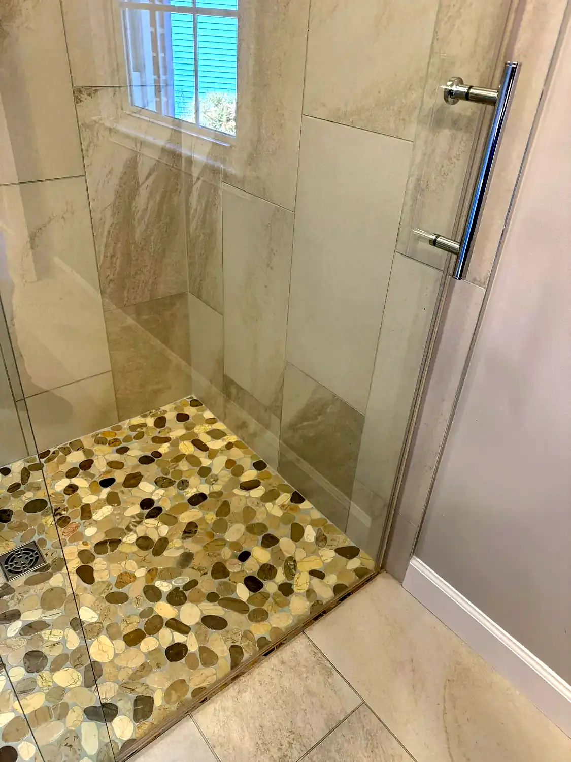 Neutral walk-in shower, bathroom remodeling project in Northern Virginia by HOM Design & Build, view 5