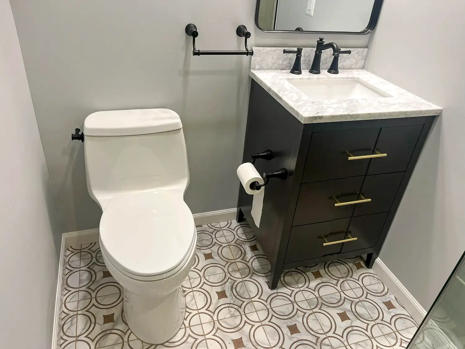 Patterned-floor glass shower, bathroom remodeling project in Northern Virginia by HOM Design & Build, view 4