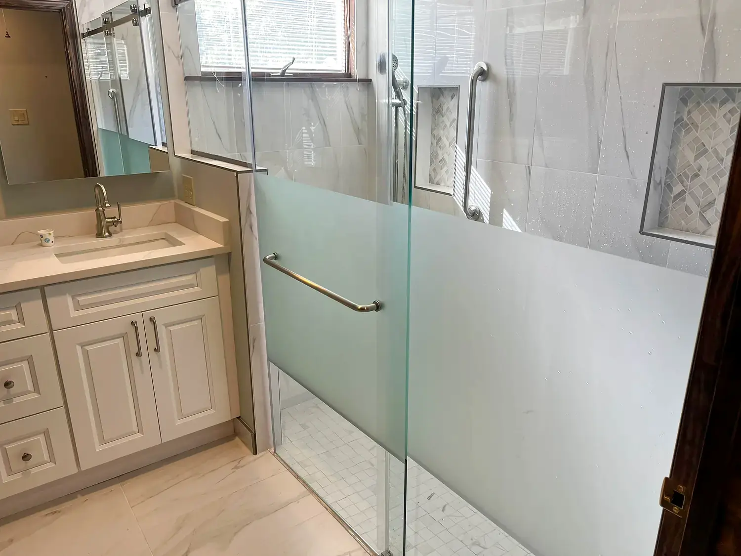 Accessible primary bathroom, bathroom remodeling project in Northern Virginia by HOM Design & Build, view 13