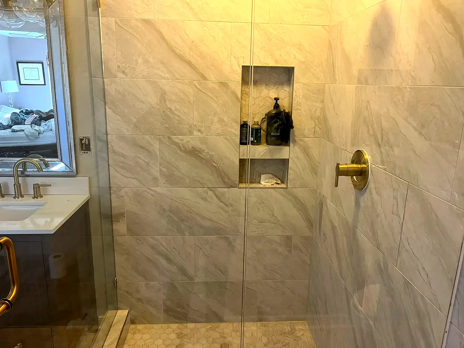 Brass shower suite, bathroom remodeling project in Northern Virginia by HOM Design & Build, view 2