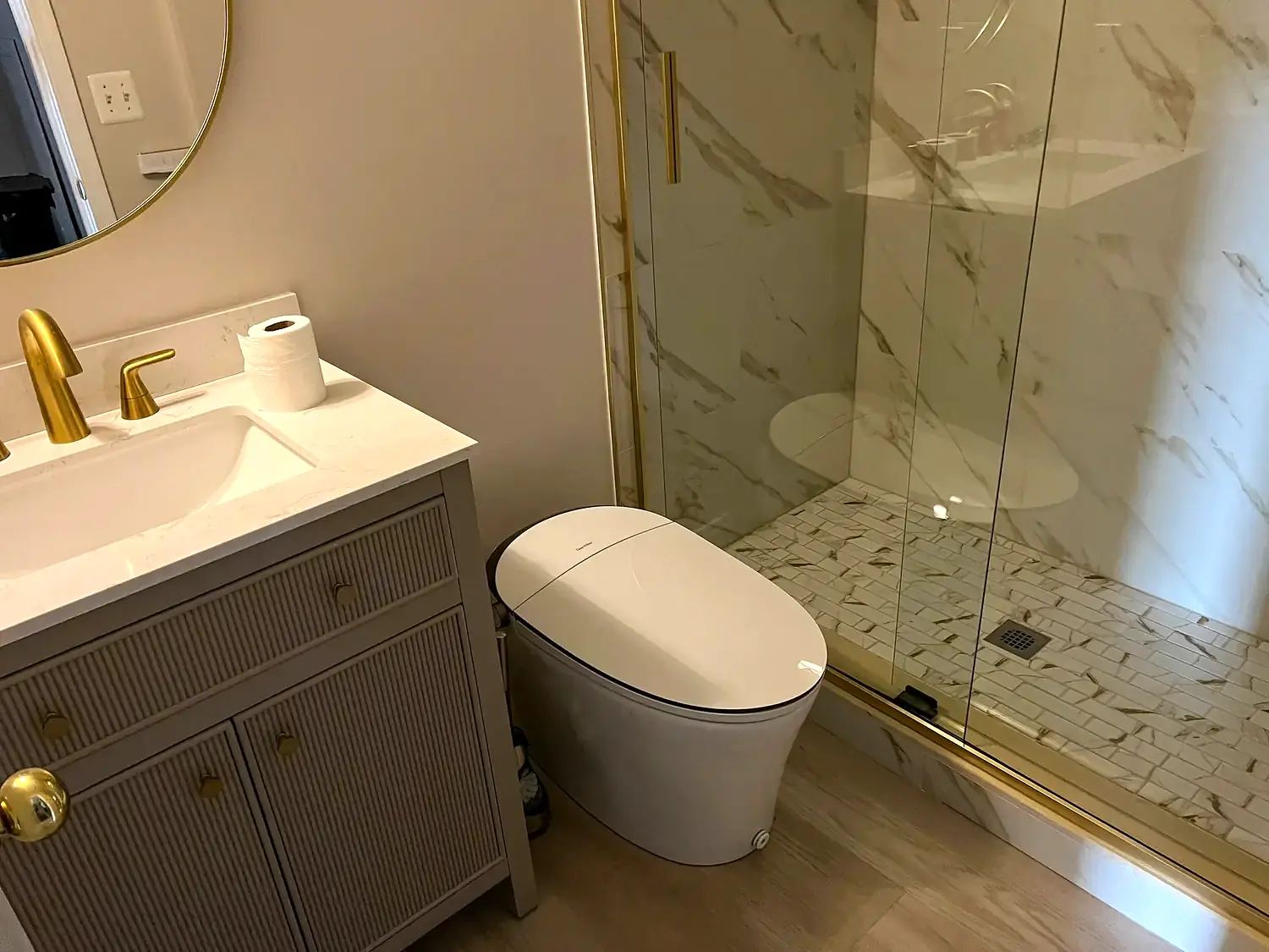 Brass shower suite, bathroom remodeling project in Northern Virginia by HOM Design & Build, view 5