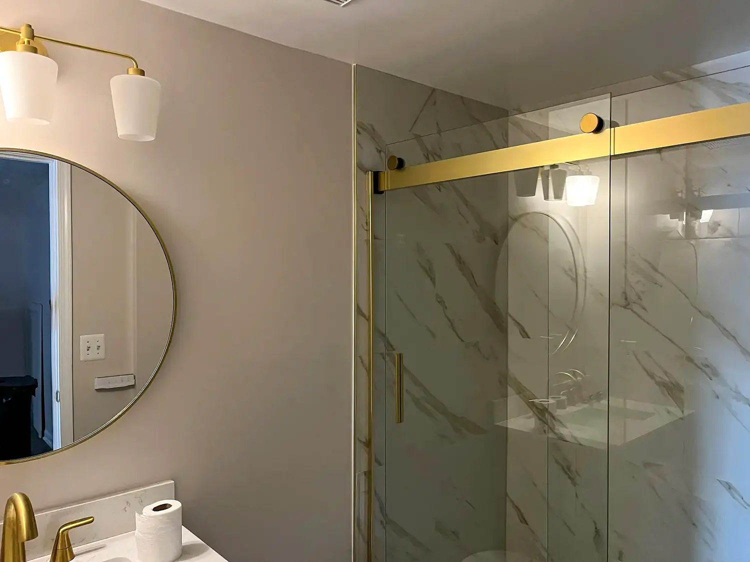 Brass shower suite, bathroom remodeling project in Northern Virginia by HOM Design & Build, view 6