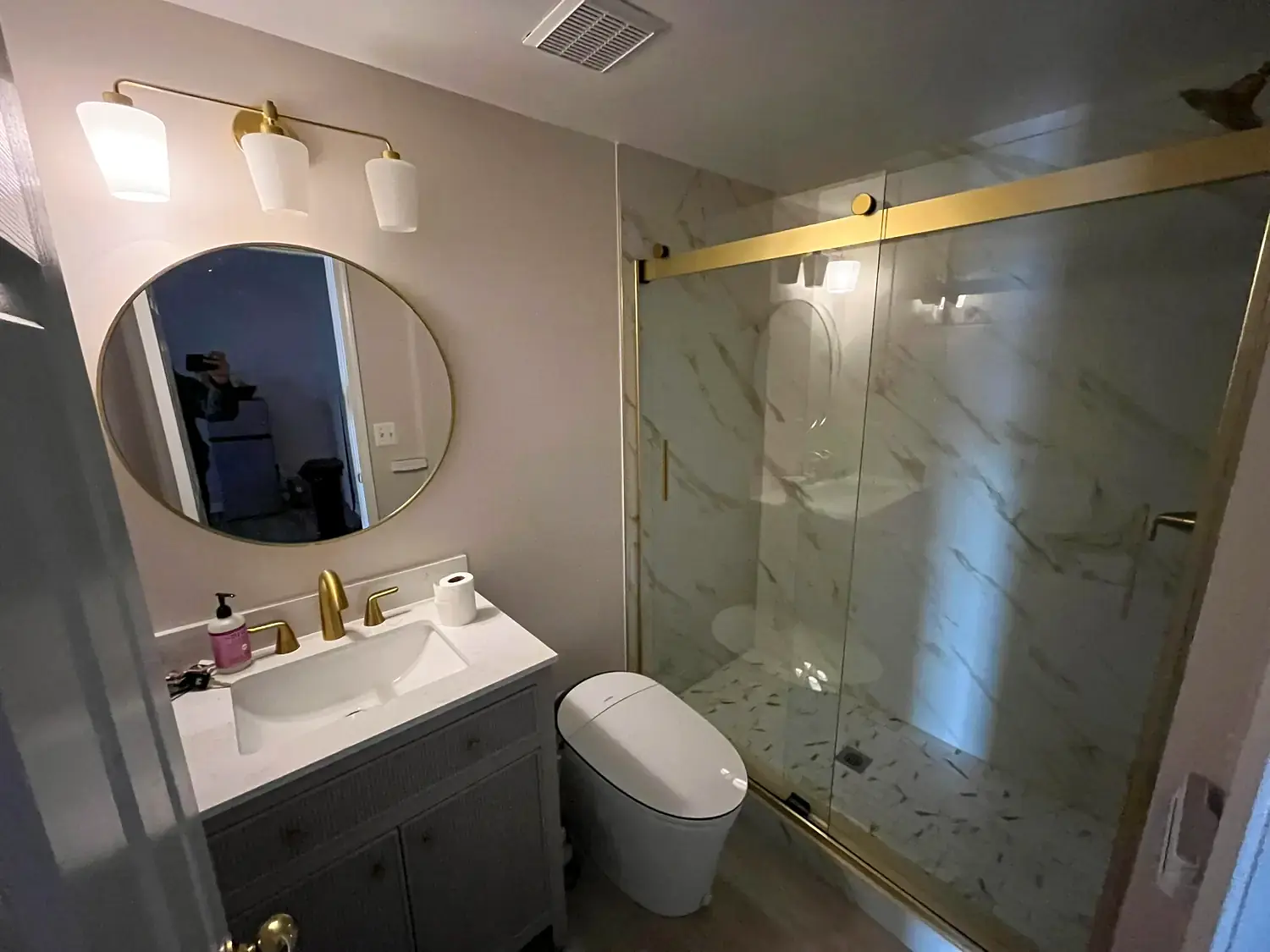 Brass shower suite, bathroom remodeling project in Northern Virginia by HOM Design & Build, view 7