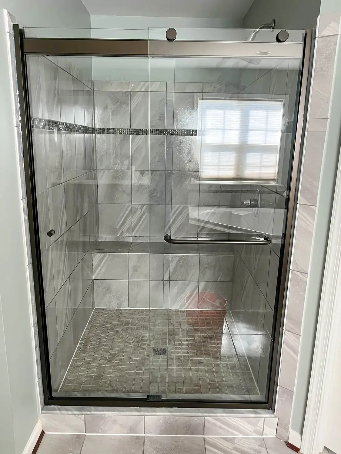 Glass shower renovation, bathroom remodeling project in Northern Virginia by HOM Design & Build, view 2