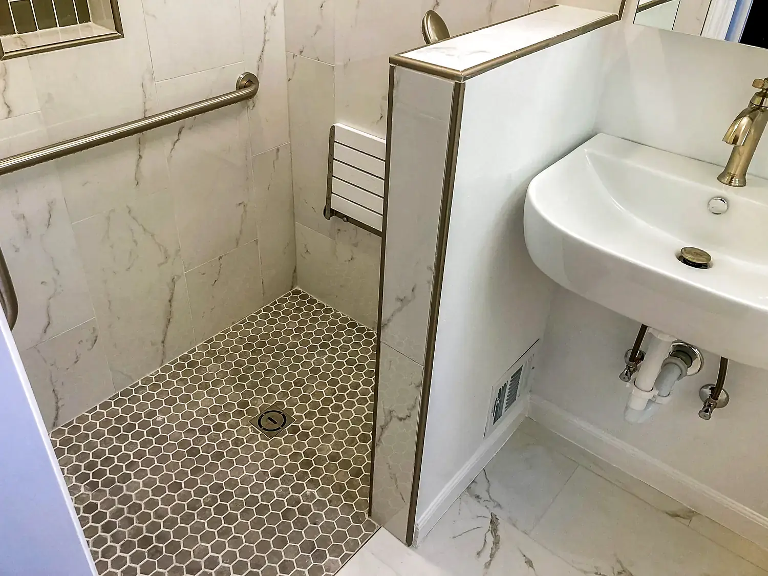Compact walk-in shower, bathroom remodeling project in Northern Virginia by HOM Design & Build, view 3