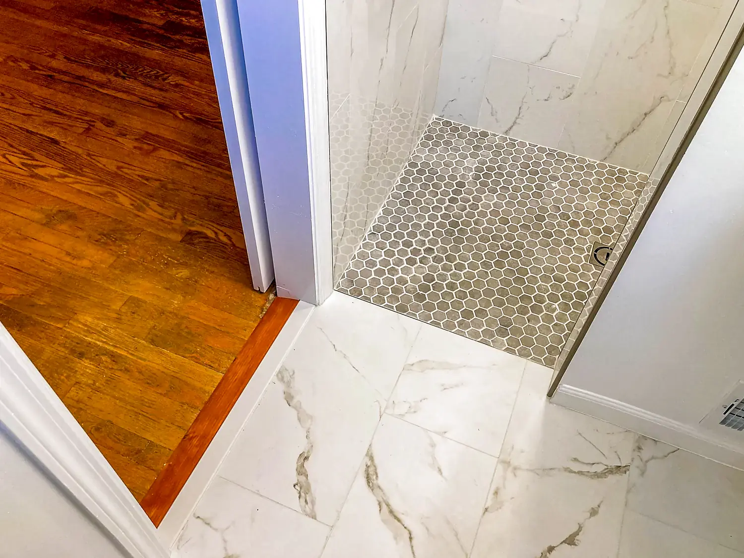 Compact walk-in shower, bathroom remodeling project in Northern Virginia by HOM Design & Build, view 4