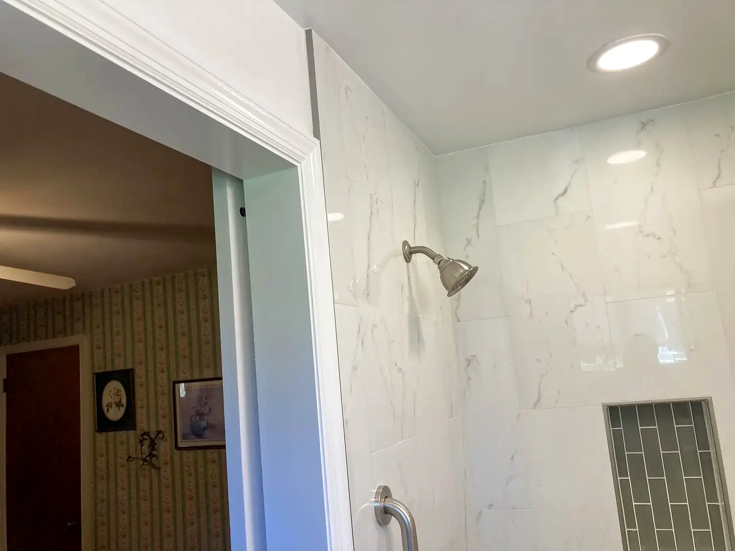Compact walk-in shower, bathroom remodeling project in Northern Virginia by HOM Design & Build, view 5