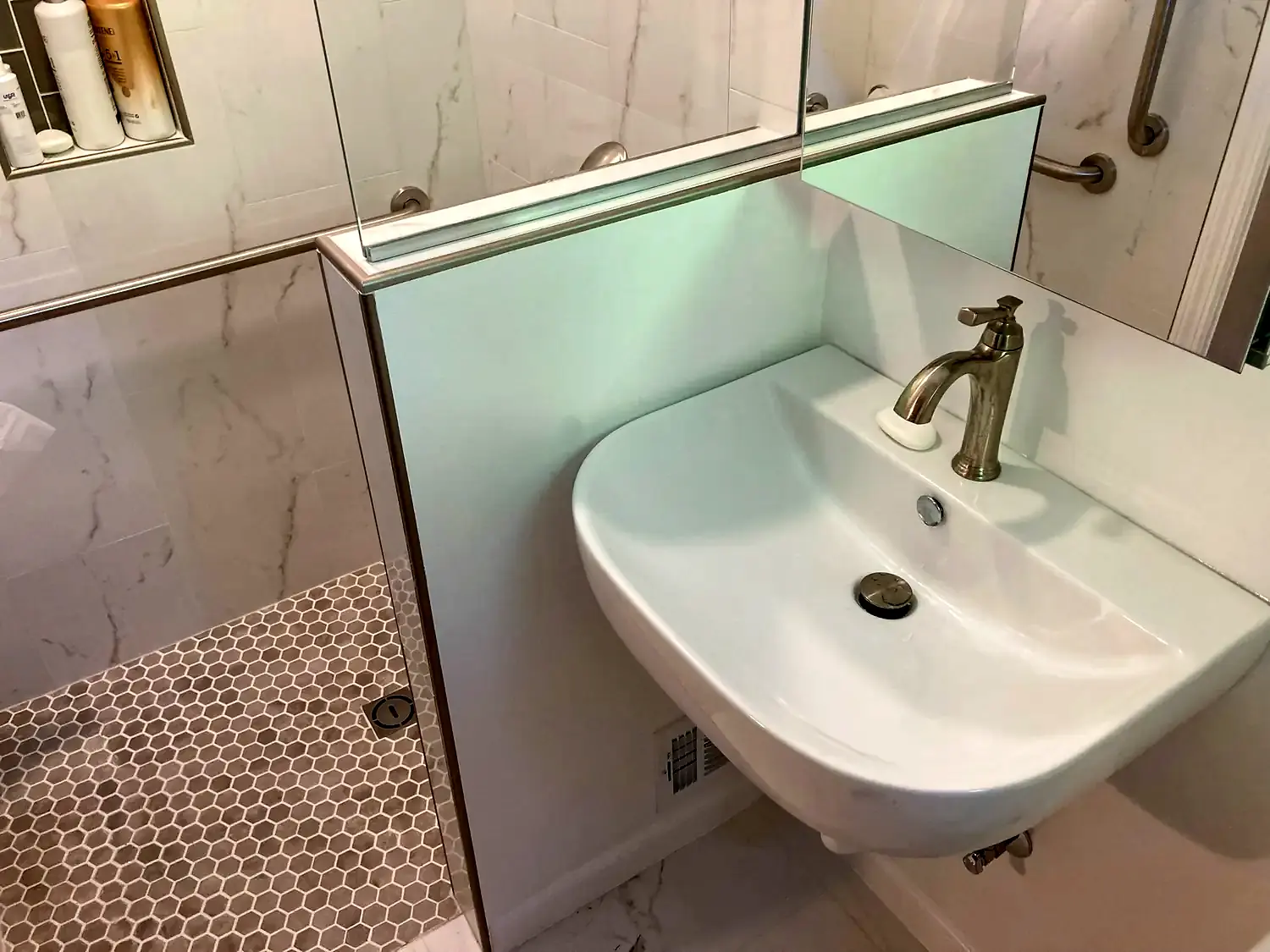 Compact walk-in shower, bathroom remodeling project in Northern Virginia by HOM Design & Build, view 8