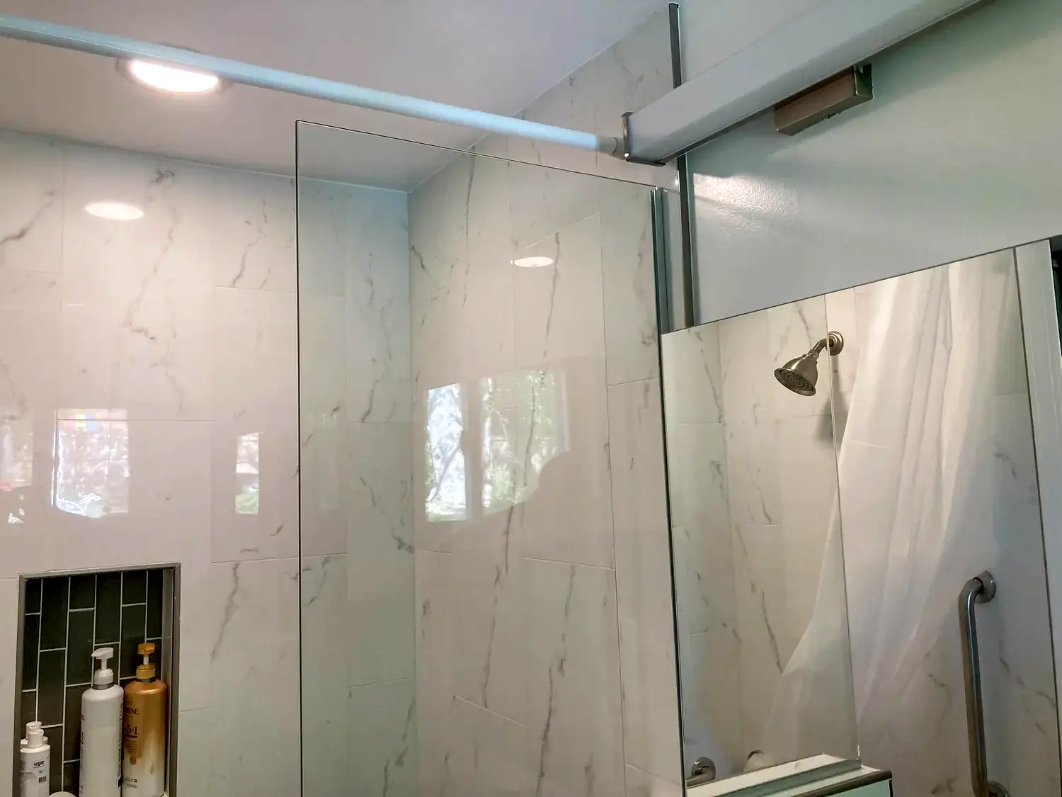 Compact walk-in shower, bathroom remodeling project in Northern Virginia by HOM Design & Build, view 9