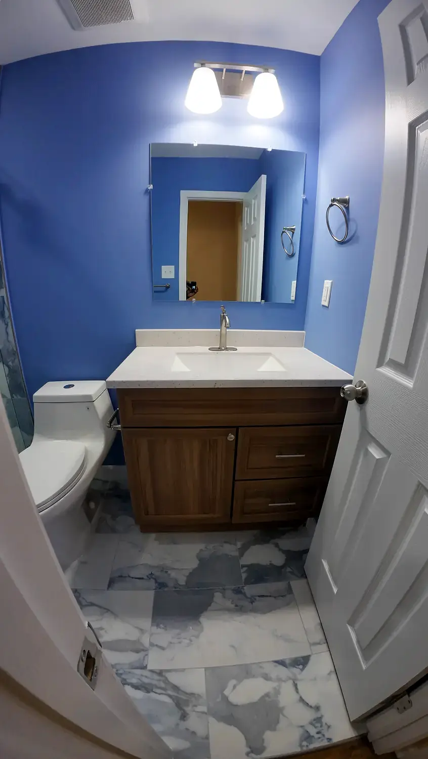 Blue marble shower project, bathroom remodeling project in Northern Virginia by HOM Design & Build, view 1