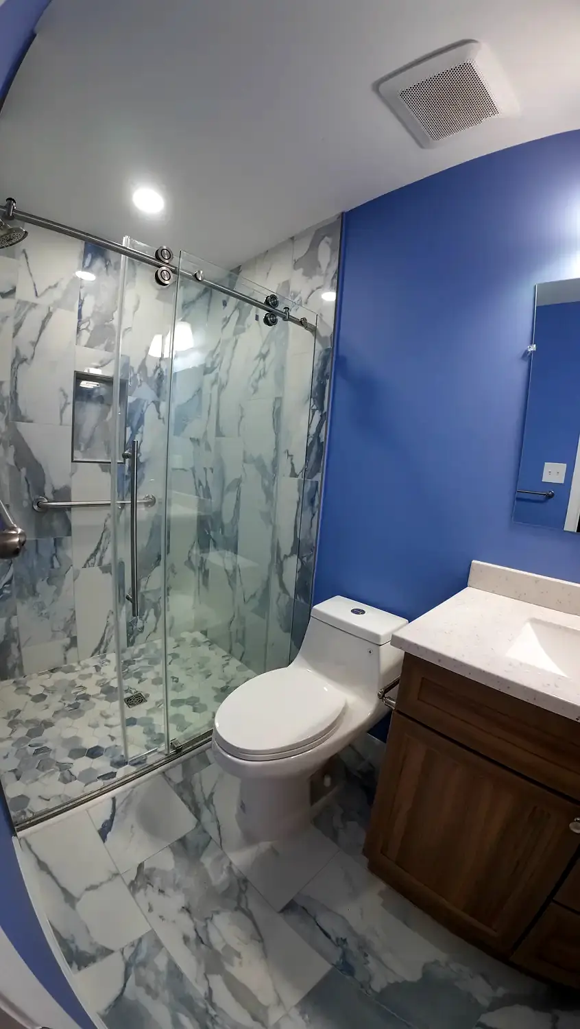 Blue marble shower project, bathroom remodeling project in Northern Virginia by HOM Design & Build, view 2
