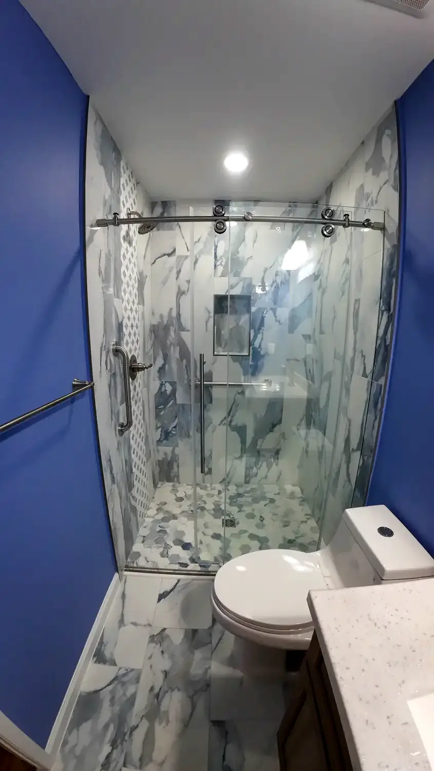 Blue marble shower project, bathroom remodeling project in Northern Virginia by HOM Design & Build, view 3