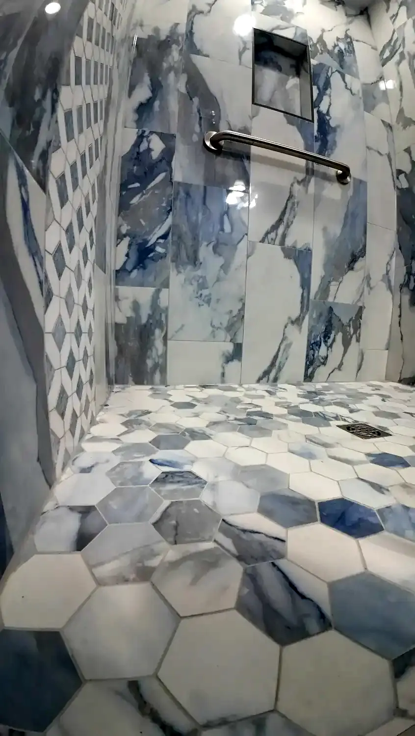 Blue marble shower project, bathroom remodeling project in Northern Virginia by HOM Design & Build, view 5