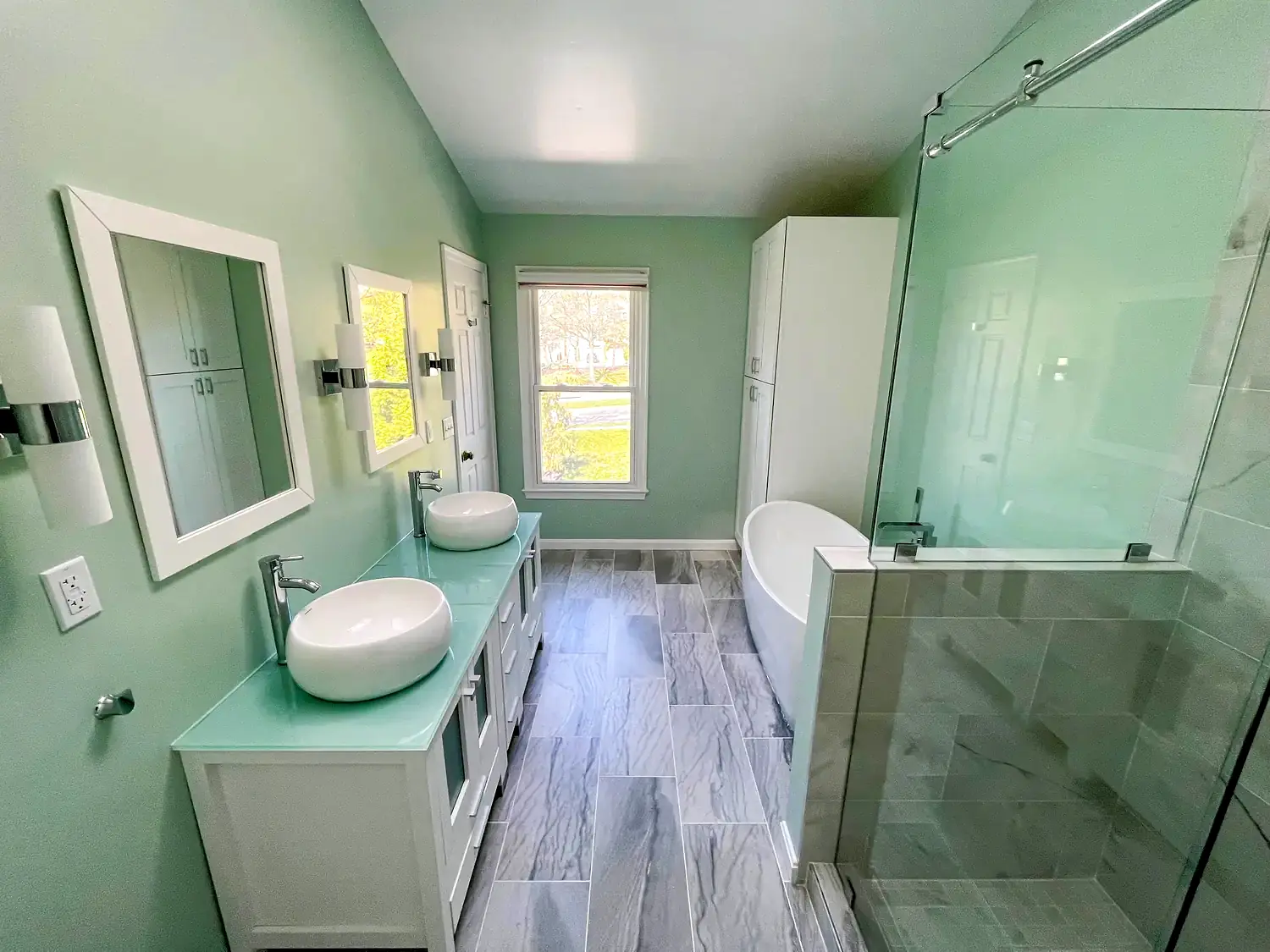 Freestanding-tub primary bathroom, bathroom remodeling project in Northern Virginia by HOM Design & Build, view 2