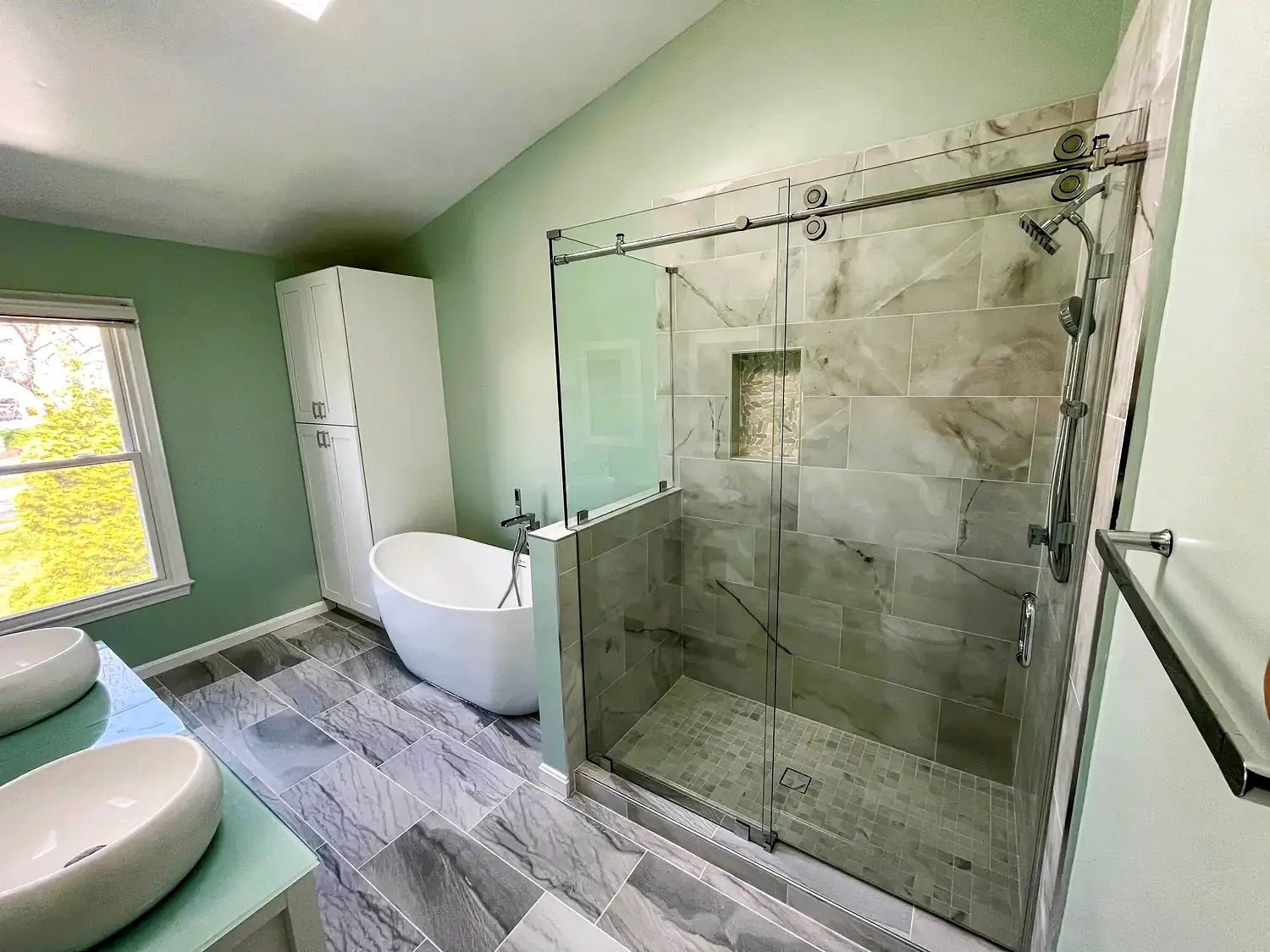 Freestanding-tub primary bathroom, bathroom remodeling project in Northern Virginia by HOM Design & Build, view 3