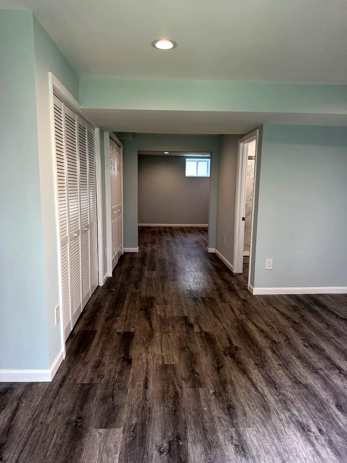 Finished basement with wood-look plank flooring, recessed lighting and white trim in Prince William Commons, Woodbridge, Virginia
