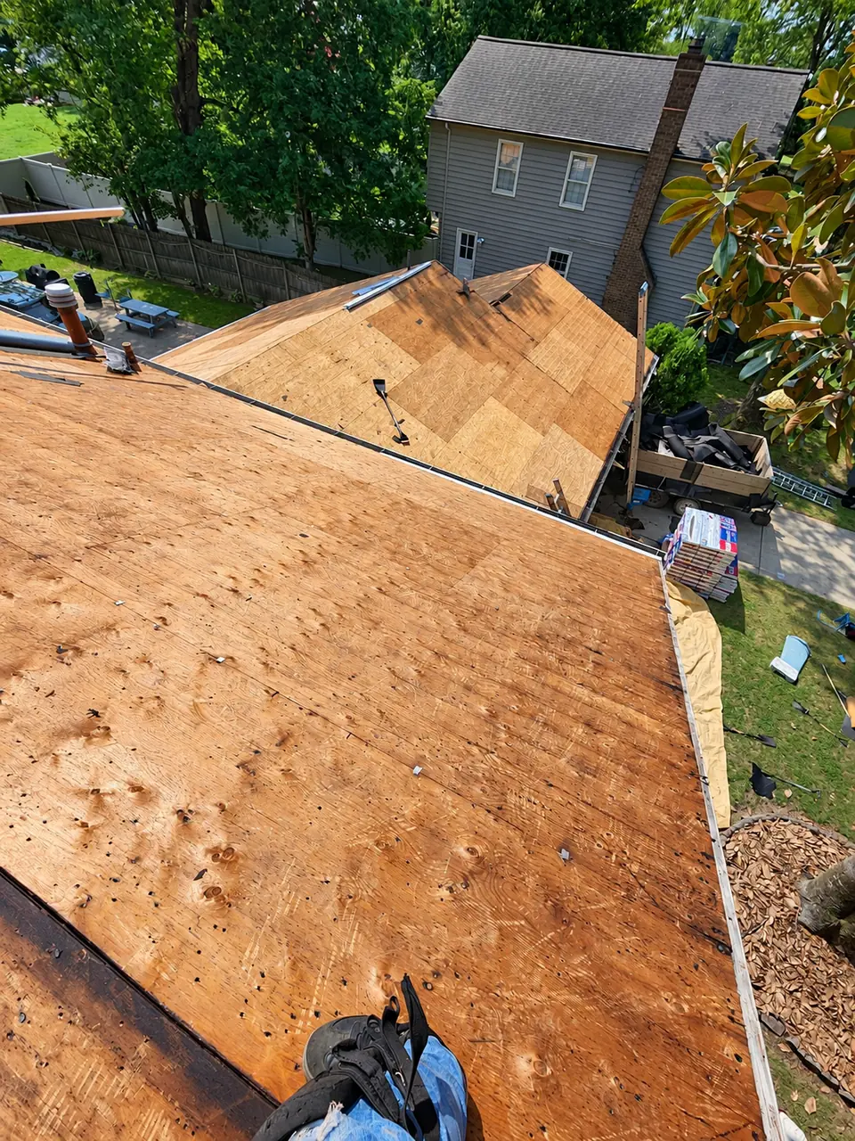 Exposed plywood roof decking with panel seams, roof intersections and edge materials visible