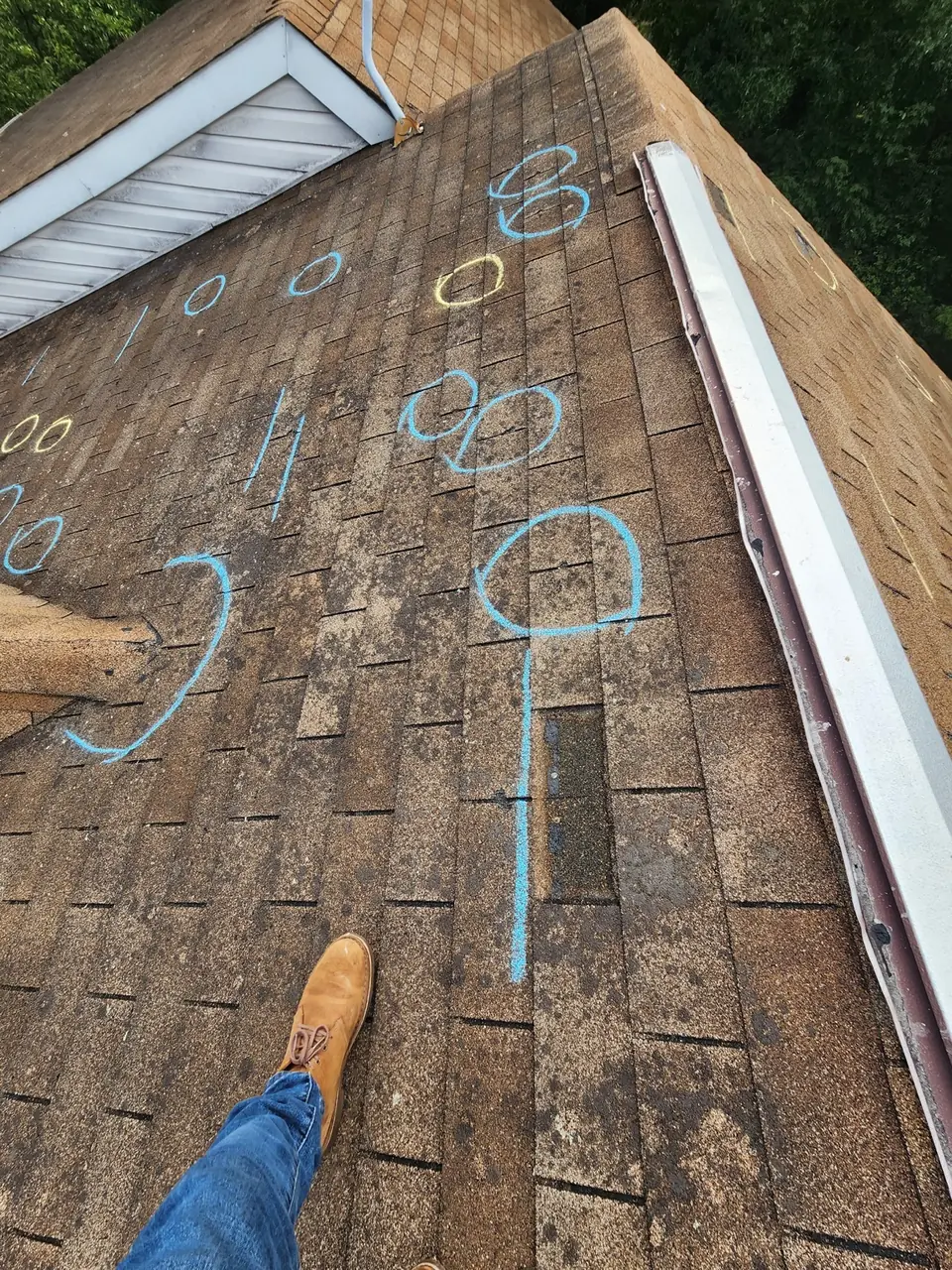 Close view of weathered brown roof shingles with blue and yellow chalk inspection markings